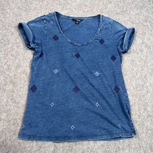 Lucky Brand Blue Chambray Diamond Embroidered Short Sleeve Top Womens Size Small